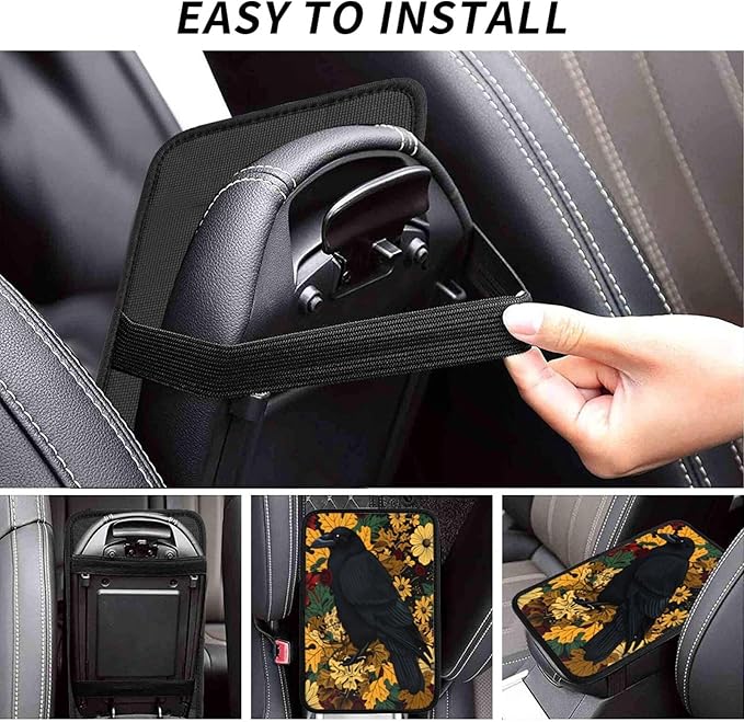 Gothic Raven Vintage Floral Black Crow Car Handrail Box Cushion Armrest Cover Auto Center Console Pad Car Decor 12.6X7.5 in