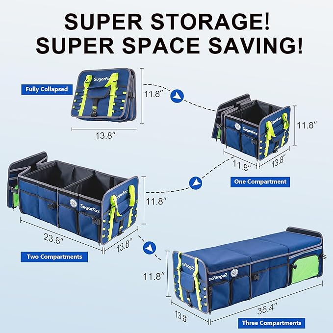 SugarFox Bold Color Block Trunk Organizer | 95L, 35"x13.8"x11.8" | Dedicated Shoe Storage & 26L Ice Pack | Foldable for SUV/Car/Jeep | Car Accessories for Men & Women - Blue-X212