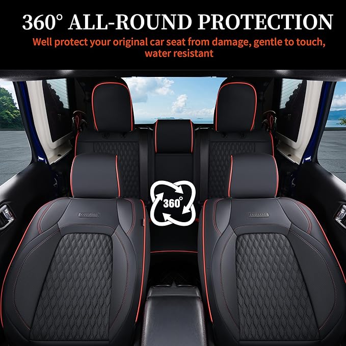 Coverado Seat Covers Full Set for Jeep Wrangler, Waterproof Car Seat Covers for Automotive Truck Seat Covers Custom Fit for 2008-2012 Jeep Wrangler JK Seat Covers for Cars 4 Door(Red Line)