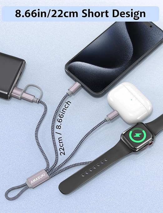 Travel Essentials,3 in 2 USB C Cable for Apple Watch Charger,iPhone Charger,Multi Charging Cable,Cruise Vacation Camping Essentials,Portable for iWatch Series 11-2/Ultra/SE & iPhone 17-12,Car,0.7FT