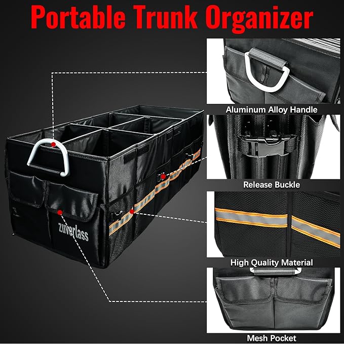 Car Trunk Organizer with Cooler Bag, 90L Portable Trunk Cargo Organizer for SUV Truck Sedan, 3 Compartments Collapsible Car Storage Box with Lid, 4 Removable Dividers