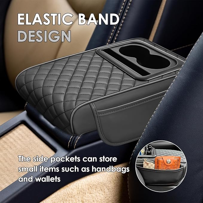 Car Center Console Cover, Leather Car Armrest Cover with Storage Box, Cup Holder, Phone Slot, Waterproof Arm Rest Protector Cushion Automotive Accessories (Black)