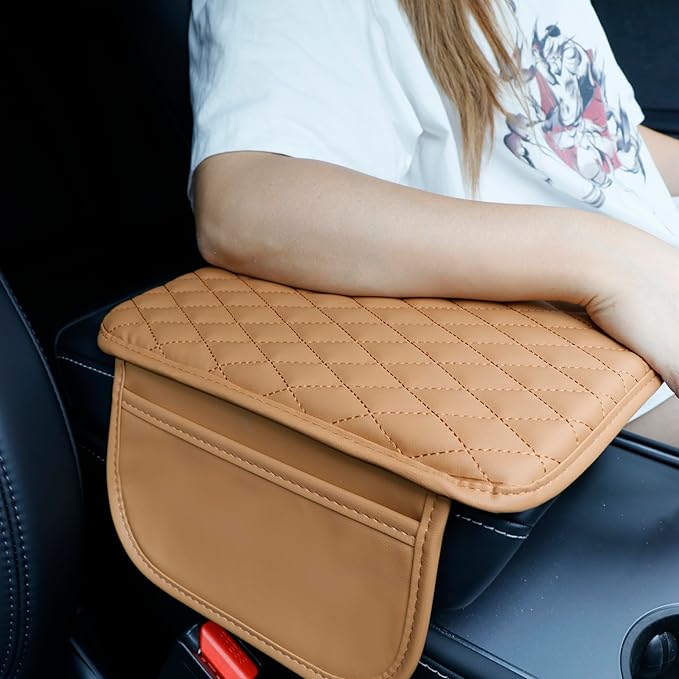 Car Center Console Cover,Microfiber Leather Car Armrest Cover Cushion with Storage Bags, Universal Car Armrest Storage Box Car Interior Accessories for Most Vehicles, Khaki