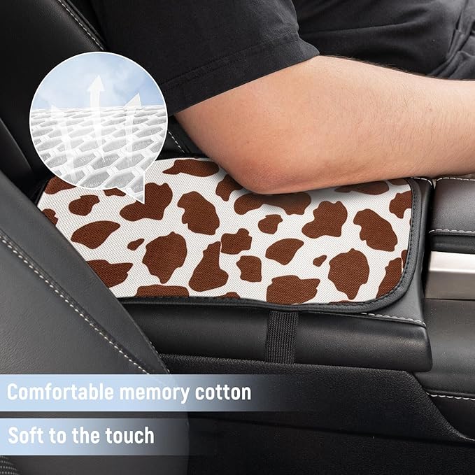 Cow Print Car Center Console Cover, Cute Armrest Mat Cushion Pad, Automotive Interior Accessories for Most Vehicle, SUV, Truck Arm Rest Box (Cow, Brown)