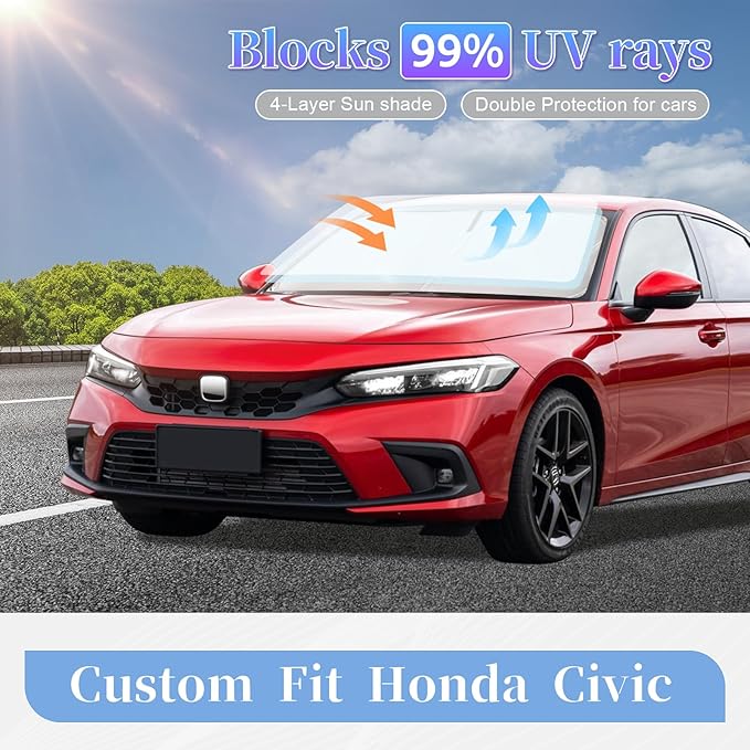 for Honda Civic 2022-2024 2025 2026 Sun Shade Sunshade Windshield Cover, 4-Layer Front Window Shade Custom Fit Civic 11th Gen Sedan, LX, EX, EX-L,Touring Sun Visor 240T Shade Car Accessories