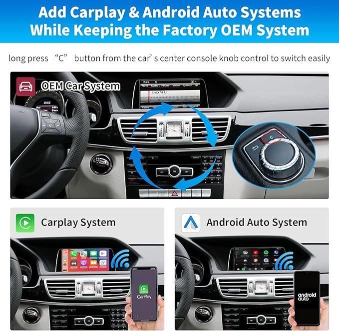 Road Top Wireless CarPlay & Android Auto Retrofit Kit for Mercedes-Benz E-Class W212 E Coupe C207 2012-2015, NTG4.5/4.7 System, CarPlay Interface Decoder, MirrorLink, Backup Camera, OEM Knob Control
