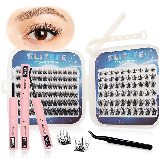 Lash Extension Kit DIY Lash Clusters Kit Eyelash Extensions Individual Lashes Extensions with (Bond,Seal,Tweezers,132Pcs,Stellar+Wing,10-16mm)