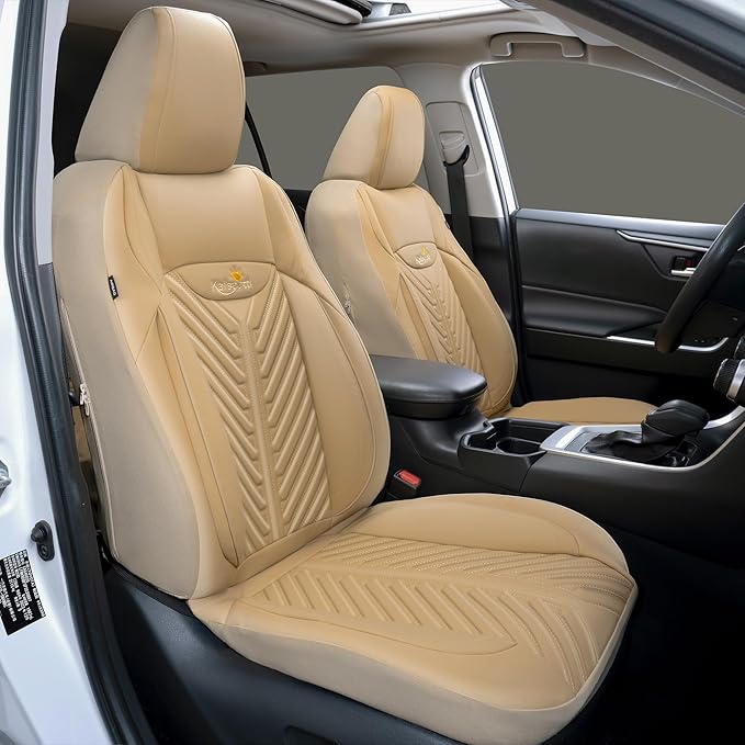 PU Leather Car Seat Covers Front Set – Waterproof seat Cover for Cars，3D Foam Support Automotive seat Covers ，Airbag Compatible, Universal Fit for Cars SUVs Trucks Sedans（Khaki）