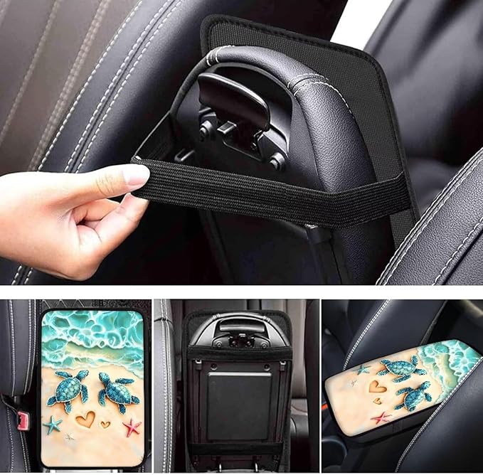 Suobstales Beach Turtle Starfish Heart Print Car Armrest Pad Soft Center Console Arm Rest Protector Cover Universal Car Interior Accessories Decoration