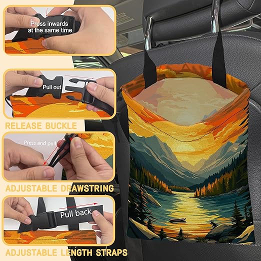 Lake in Mountains Car Garbage Bag, Small Car Trash Bag Hanging,Drawstring Car Garbage Bag with Adjustable Buckle for Car Back Seat,SUVs,Camping,Road Trips