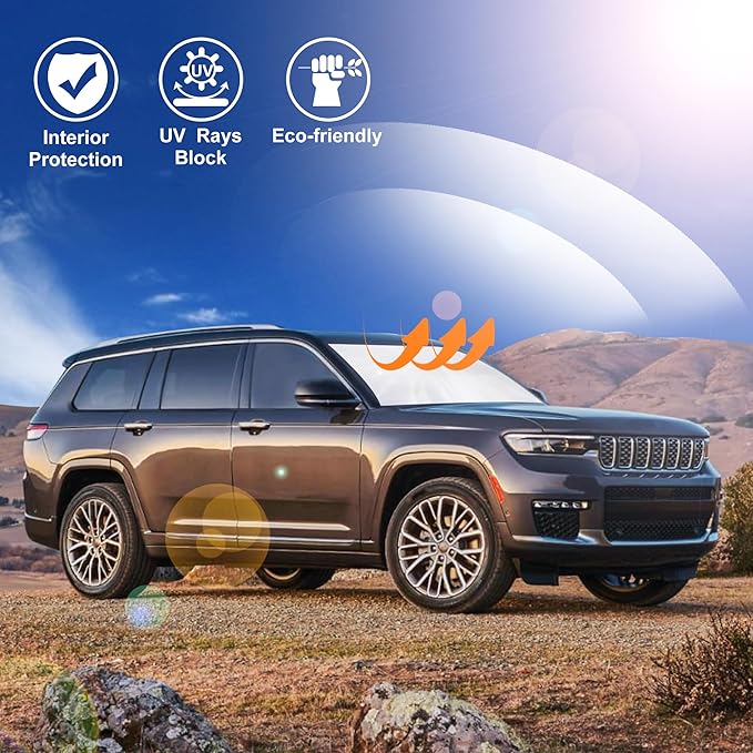 Windshield Sun Shade Custom Fit 2021-2024 2025 2026 Jeep Grand Cherokee L/Jeep Grand Cherokee SUV Accessories Front Window Sunshade Sun Visor Protector Blocks Rays