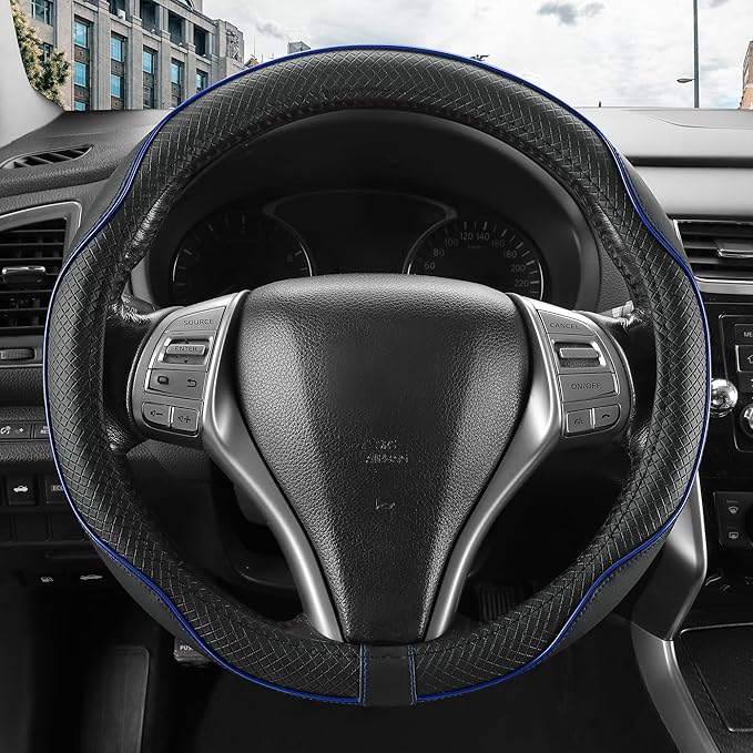 Steering Wheel Cover,Anti-Slip, Safety,Soft,Breathable,Heavy Duty,Thick,Full Surround, Sports Style,Universal Car Accessories for Women Men Fit 14" 1/2-15"(Black with Blue line)