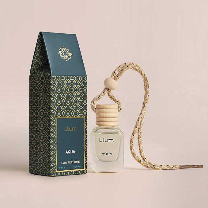 Llum Aqua Hanging Car Air Freshener – Luxury Automotive Perfume Diffuser 10ml (0.34 fl oz), Long-Lasting Fragrance, Alcohol-Free Non-Toxic Car Scent, Glass Bottle With Wood Cap & AC Vent Clip