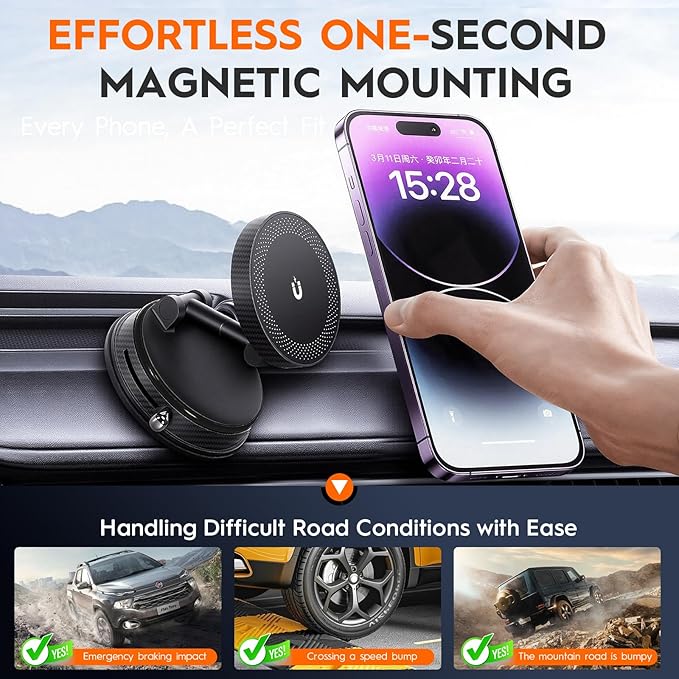 Magnetic Car Phone Holder for MagSafe, 15W Wireless Charging, 360° Adjustable Dashboard Mount, Compatible with iPhone 12-17 & Android (Black)
