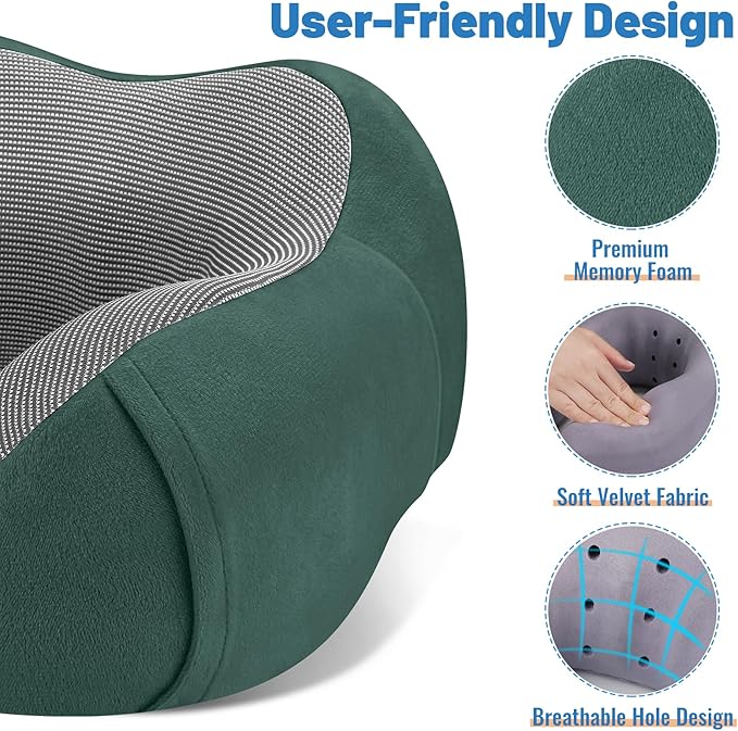 CloudBliss Travel Pillow Premium Memory Foam, Comfortable & Supportive Neck Pillow, Neck Pillows for Sleeping Travel, Airplane Pillow for Sleeping Airplane, Car, Office and Home（Black & Green）