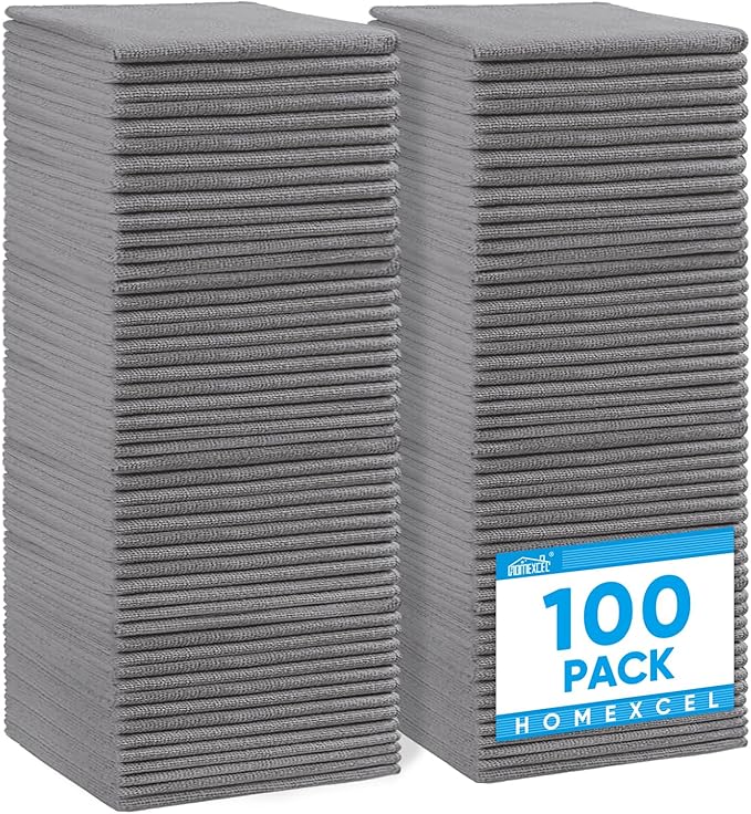 HOMEXCEL Grey Microfiber Cleaning Cloth 100 Pack, Microfiber Towel for Cars, Lint Free, Scratch-Free, Highly Absorbent, and Cleaning Rags for House, Window and Glass, Cars, TV Screen 11.5 X11.5 inch
