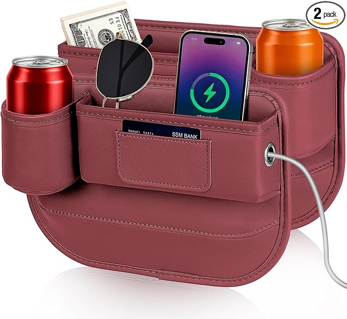 Kwak's Car Seat Gap Filler Organizer (2PC) – Fits 0.2"-1.2" Gap Premium Leather Car Console Organizer for Phone/Keys – Universal Front Seat Organizer for Car SUV Truck (Red)