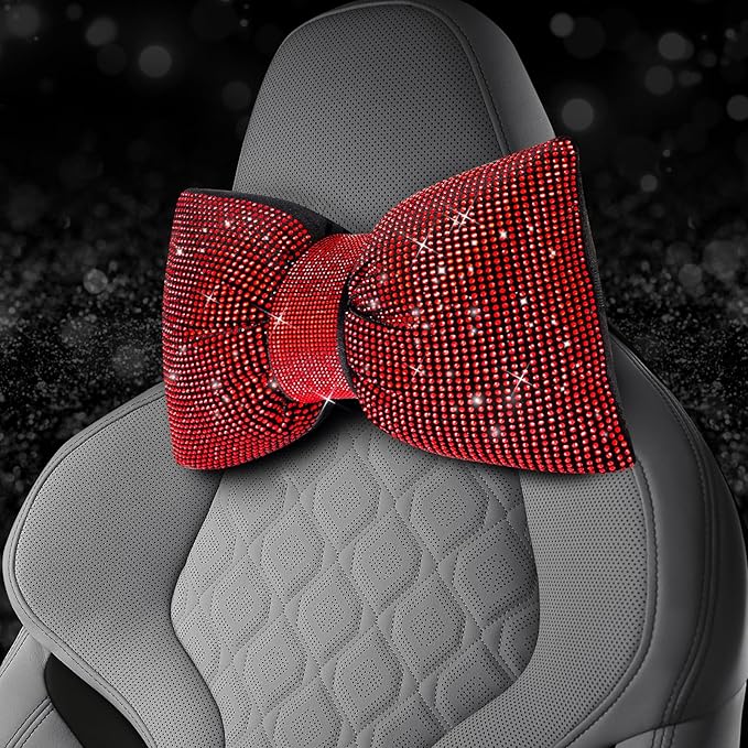 2 PCS Bling Car Pillows,Rhinestones Bowknot Car Headrest Pillow,Car Neck Pillow for Driver Relax Necksupport,Sleeping Travel Support Neck Pillow,Shiny Diamond Interior Accessories for Women,Red