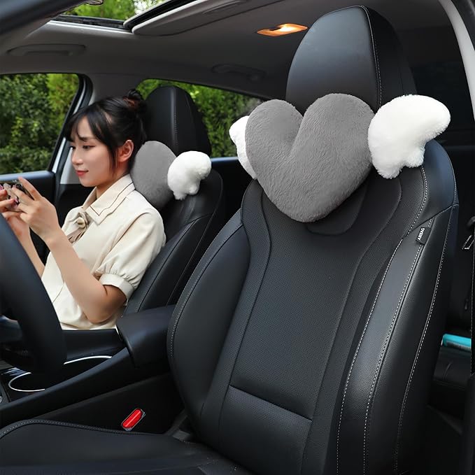 2 Pack Heart Shaped Cute Car Headrest Pillow with Angel Wings - Comfortable Soft Head Rest Cushion Kawaii Car Accessories Neck Pillow for Driving Travelling Office Home Decor - Grey Love Heart