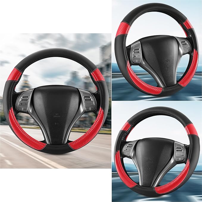 Non-Slip Car Nappa Leather Steering Wheel Cover,Universal Car Accessories Women Men Fit 14" 1/2-15" Suvs/Vans/Sedans/Cars/Trucks,Red