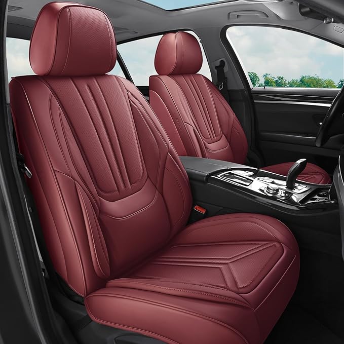 Car Seat Covers, Premium Leather Car Seat Covers, Waterproof and Breathable Seat Covers, Universal Car Seat Protector Fit for Cars, Trucks, SUVs, Pick-ups (Wine Red, FullSet)