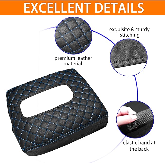 Center Console Cover for Chevy Silverado/GMC Sierra Accessories 2019-2026, Tahoe & Suburban & Yukon 2021-2026 Armrest Cover Middle Console Leather Protector Pad (Bucket Seat Consoles)(Blue Stitches)
