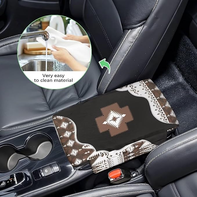 Wanyint Southwest Aztec Black Brown Car Center Console Cover Comfortable Armrest Storage Box Mat Anti-Scratch Middle Console Cover Protective Cover Universal Fit Most Vehicle, SUV, Truck