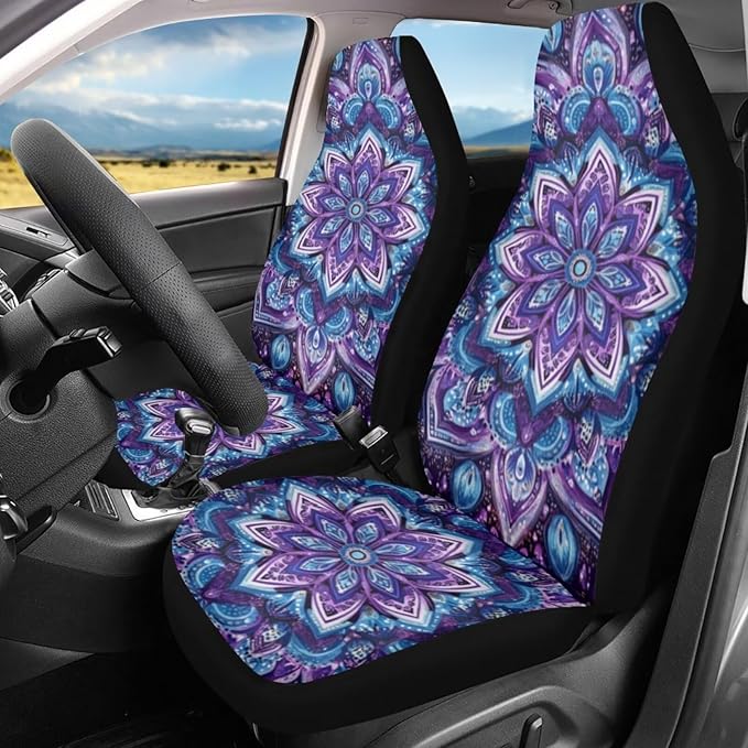 BIGCARJOB Purple Lotus Car Seat Covers Set for Women Auto Interior Seat Protector Boho Lotus Car Accessories Set 2 Pcs Auto Front Seat Covers Saddle Blanket,Universal Fit