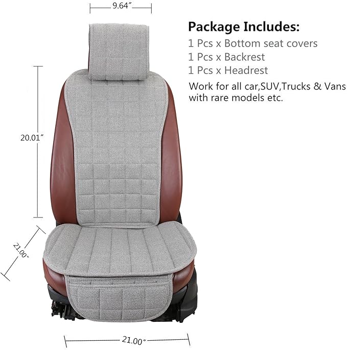 Suninbox Car Seat Covers Front Seat Only,Cloth Car Seat Covers,Linen Car Seat Protector Universal Fits Most Automotive,Vans,SUVs,Trucks Gray