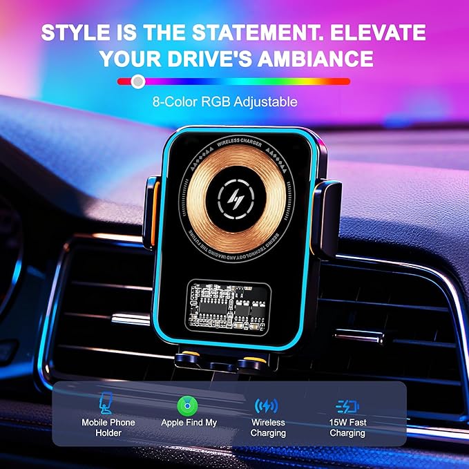 15W Fast Wireless Car Charger with Air Tracker Tag GPS Bulid in(iOS Only)-Air Vent Phone Mount, Works with Apple Find My, Hidden＆Undetectable (Wireless Car Charger with Tracker)