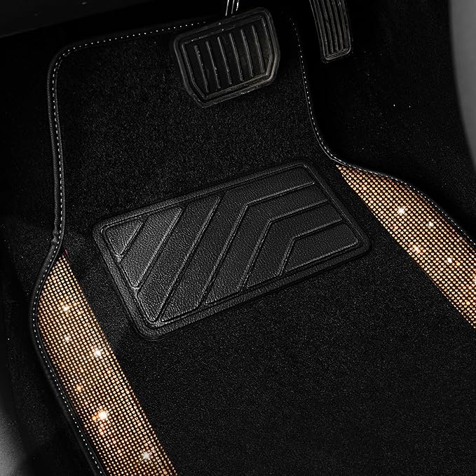CAR PASS Bling Diamond Car Floor Mats, Shining Rhinestone Carpet Sparkly Glitter Crystal with Anti-Slip PVC Heel Pad Waterproof Universal Fit Automotive SUV,Sedan,Van,Cute Girl Women,4pcs Golden