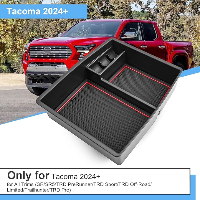 2024 2025 2026 Tacoma Center Console Organizer for Toyota Tacoma (All Trims), Durable ABS Plastic&Anti-Slip Rubber Console Tray Glove Insert 2025 2026 Tacoma Accessories (with Red Mats)