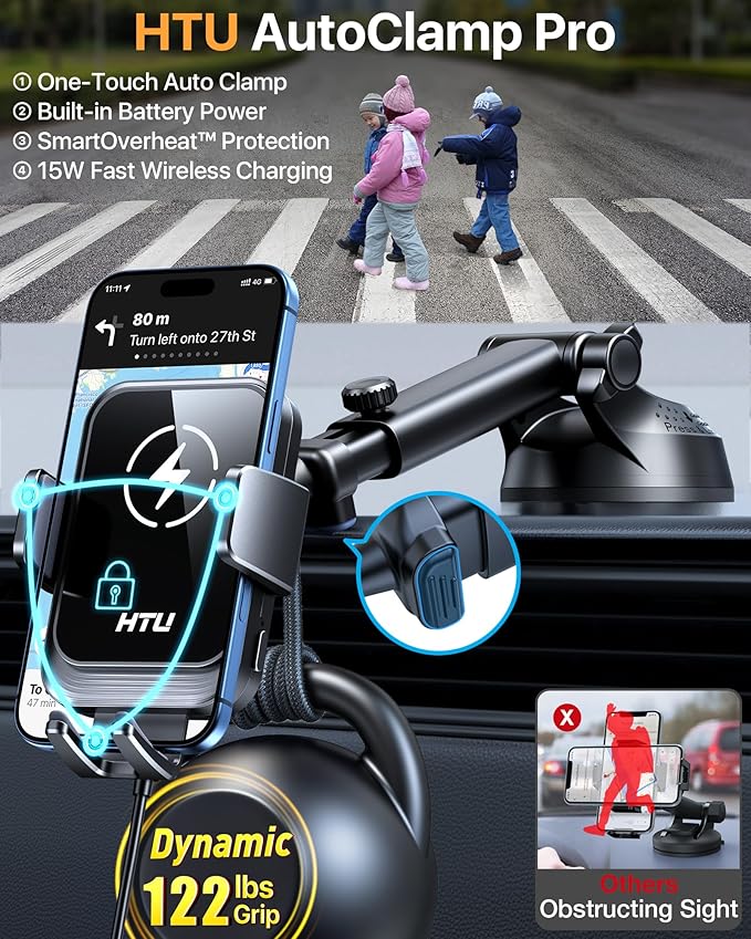 HTU 2026 Upgraded Smart Car Phone Holder Wireless Charger, 7.5W-15W Wireless Charger for Magsafe [Excellent Strudiness] One-Handed Auto Clamping, Compatible Dashboards Air Vents and Windshields,Black