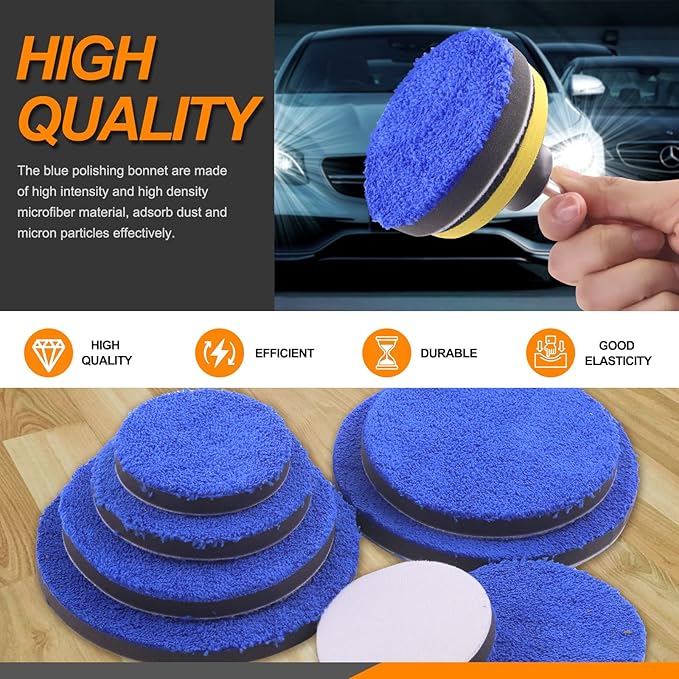 4 Sizes Microfiber Polishing Buffing Pads Kits Removing Wax with 3" 4" 5" 6" Hook and Loop Backing Pads Buffer Pads Microfiber Wax Applicator for Car Polishing Waxing and Cleaning