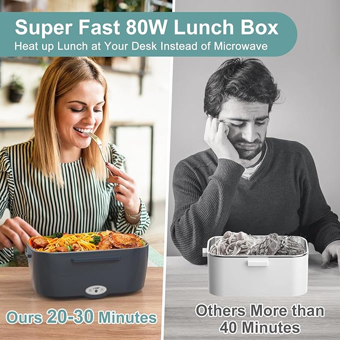 Electric Lunch Box Food Heater, 3 in 1 Ultra Quick Heated Lunch Boxes for Adults, 12V/24V/110V Portable Food Warmer for Car/Truck/Office With Fork Spoon and Insulated Carry Bag