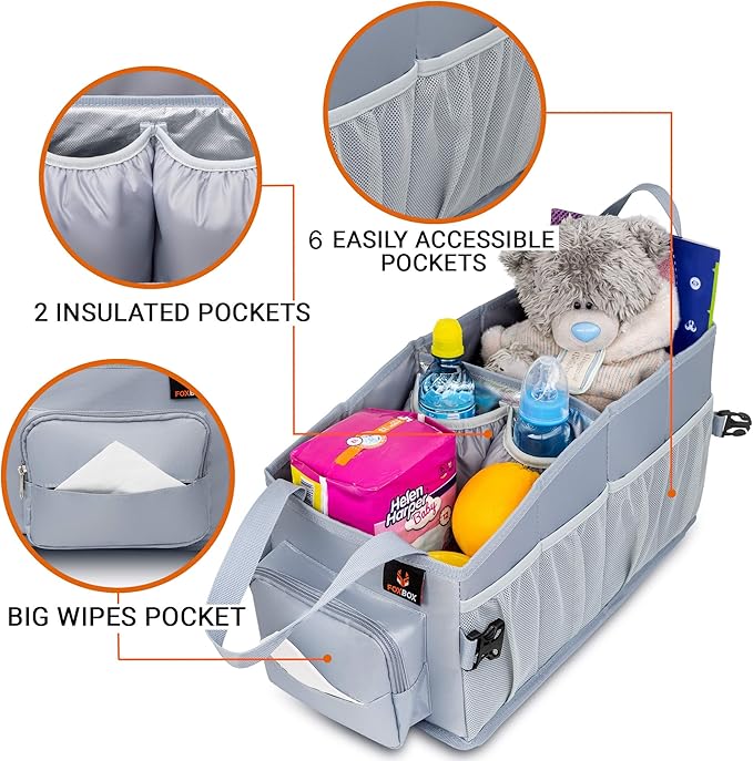 FoxBox Car Seat and Trunk Organizer, Front or Back Seat Storage - SUV Passenger Floor, Under or Between Seats Organization, Car Gifts for Men and Women (Grey)