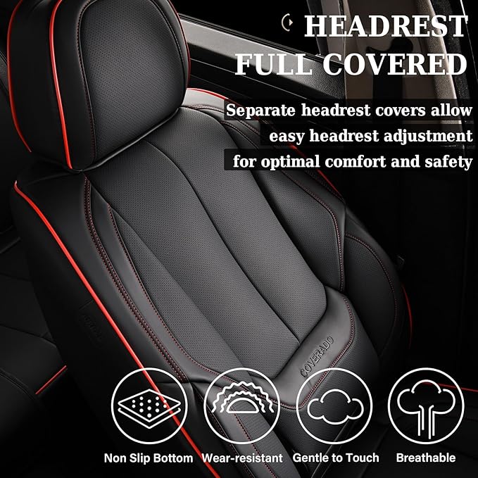 Coverado Seat Covers, Car Seat Covers Front Seats, Car Seat Cover, Car Seat Protector Waterproof, Car Seat Cushion Nappa Leather, BlackRed Seat Covers Carseat Cover Universal Fit for Most Cars