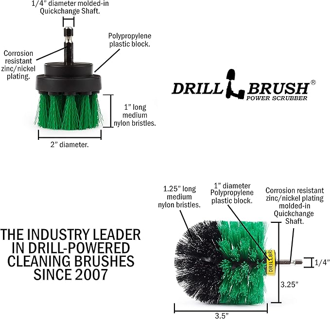 2 Piece Green Medium Stiffness Drill Rotary Cleaning Drillbrushes for Cleaning Kitchen, Cabinet, Counter, Linoleum, and General Purpose Scrubbing by Drillbrush