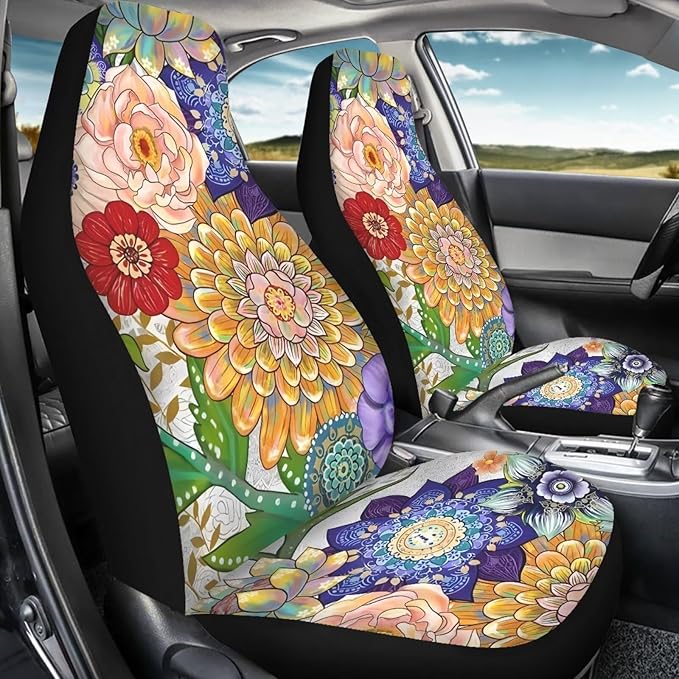Boho Mandala Flowers Print Car Front Seat Cover Set of 2, Auto Bucket Seats Protector Universal Car Accessories Interior Decor for Women Men