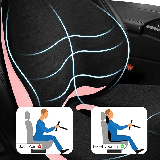 NS YOLO Ergonomic Car Seat Cushion with Comfort Memory Foam Neck Pillow, Car Pillow,Lumbar Support and Big Size Soft Seat Cushion for Driving Seat,Office Chair and Wheel Chair (Black and Pink-3 pcs)