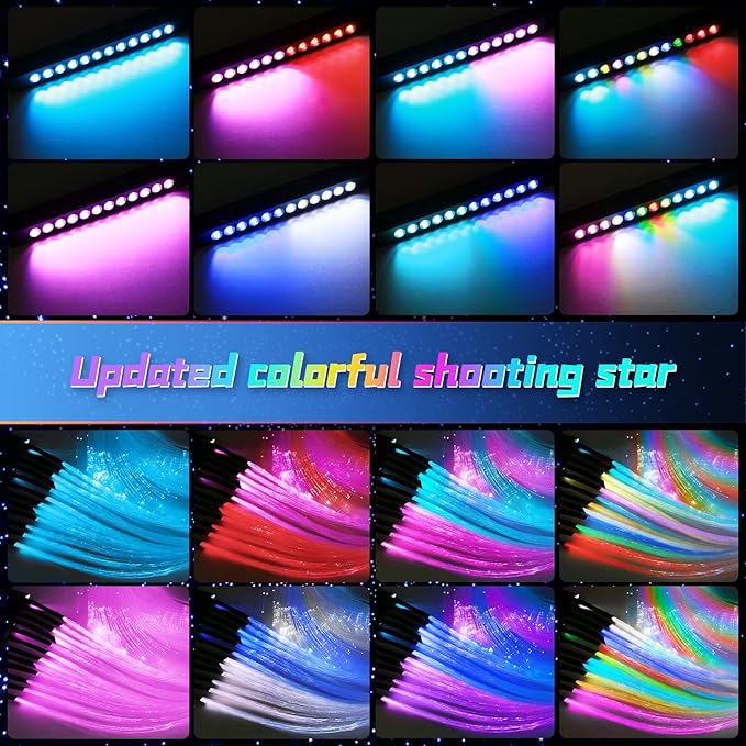 Split Car Starlight Headliner Kit, 4 Colors 12W Meteor Fiber Optic Starlight Kit, 860pcs*0.02in*9.8ft+240 RGBW Sound Activate Shooting Star Lights for Ceiling Car Roof/Home Decor
