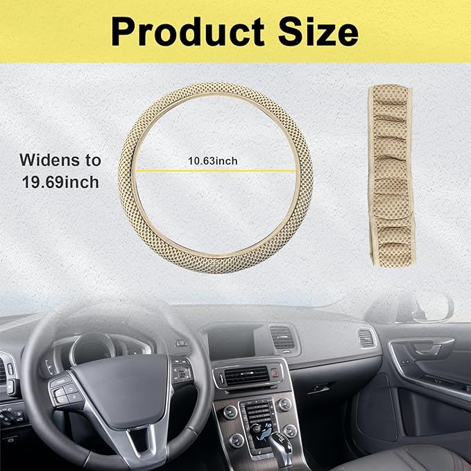 Kewucn Car Elastic Stretch Steering Wheel Cover, Soft Microfiber Breathable Ice Silk, Universal 15 Inch Anti-Slip Auto Steering Wheel Protector, Fit Car, SUV, Van, Sedan, Truck (Beige)