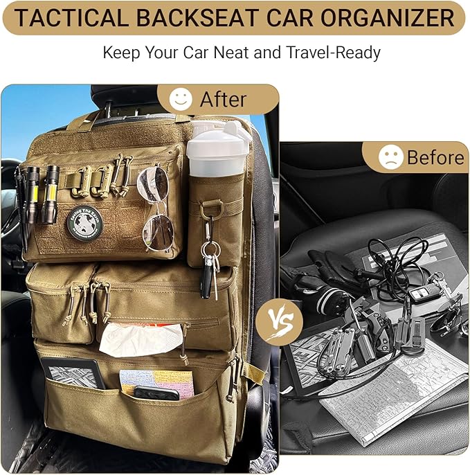 Tactical Seat Back Organizer Heavy Duty MOLLE Panel Organizer with Multiple Pockets & Hook Loop Panel for EDC Gear, Road Trip Essentials, Universal Fit for Car SUV Truck Jeep (Mud)