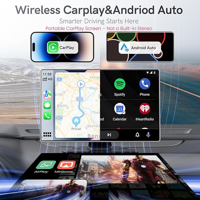 Portable CarPlay Screen for Car,Car Stereo with Apple CarPlay & Android Auto,Incell Touch Screen,4K Dash Cam,1080P Backup Camera,Mirror Link, Voice Control, Bluetooth 5.3,GPS,FM (9 Inch)