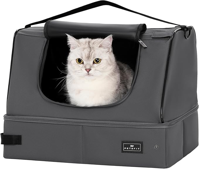 PETSFIT Portable Travel Cat Litter Box with Lid – Collapsible, Leak-Proof & Washable 2-Layer Liner, Sturdy Support Frame, for Hotel/Car/Camping, Cat Travel Essentials for Kitty/Medium Cats Grey