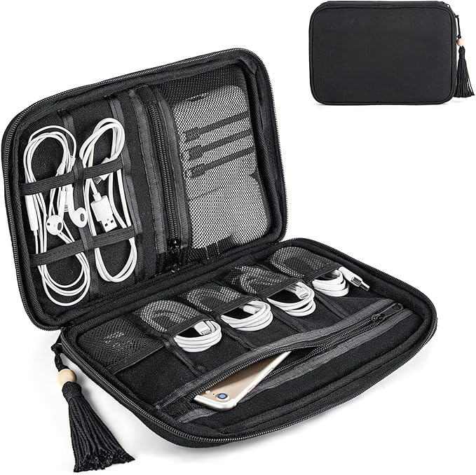 Mkono Electronics Organizer Travel Cable Cord Organizer Cotton Bag, Portable All-in-One Accessories Travel Essentials Storage Case with Tassel for Cable Charger Phone USB Pouch for Women, Black