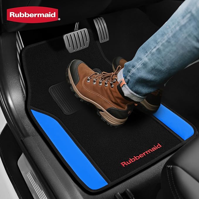Rubbermaid Car Mats, Carpeted Floor Car Mat with Faux Leather & Built-in Heel Pad, Two-Tone Car Rug Floor Mats, Stylish Carpeted Floor Mats for Cars, Trucks & SUVs Blue Color
