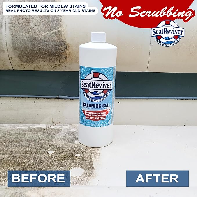 Marine Mildew Stain Remover for Boat Seats, Vinyl & Plastic | Light Gel That Clings Longer | Fast-Acting | No Scrub | 32oz