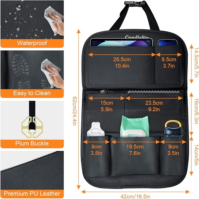 Luxury PU Leather Car Organizer with Foldable Tablet Tray, 9 Storage Pockets for Back Seat
