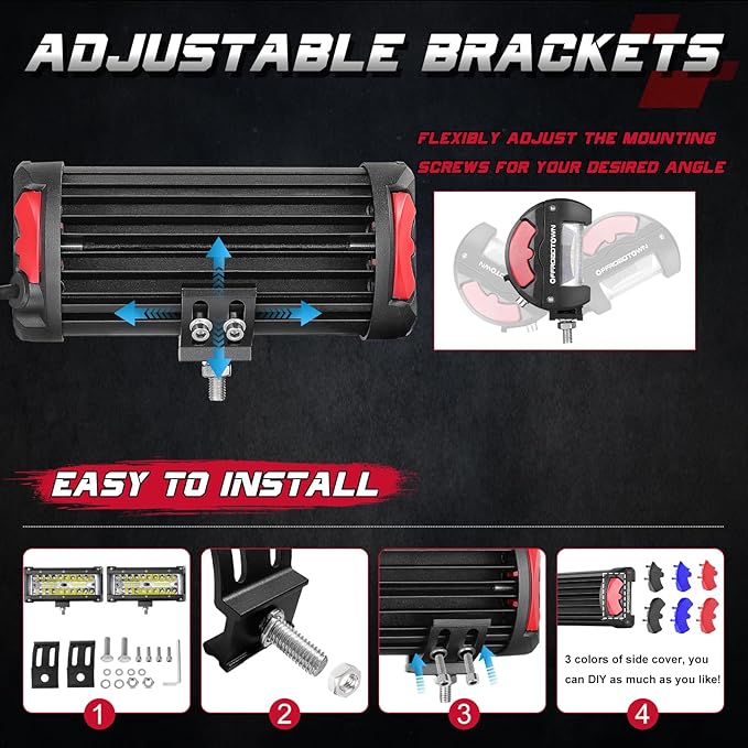 OFFROADTOWN 7inch LED Light Bars Side Shooter LED Pods Off Road Fog Lights Driving Lights Cube with Black Red Blue Side Cover for Truck ATV UTV Motorcycle Pickup Boat